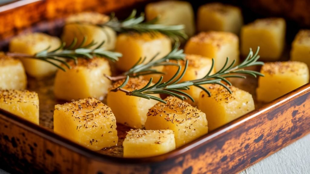 Cubos de batatas assadas com alecrim em assadeira para salada de bacalhau.