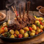 Prato de paleta bovina refogada com purê de batatas, carne suculenta e vegetais, ideal para cozimento lento.