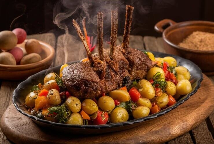 Prato de paleta bovina refogada com purê de batatas, carne suculenta e vegetais, ideal para cozimento lento.