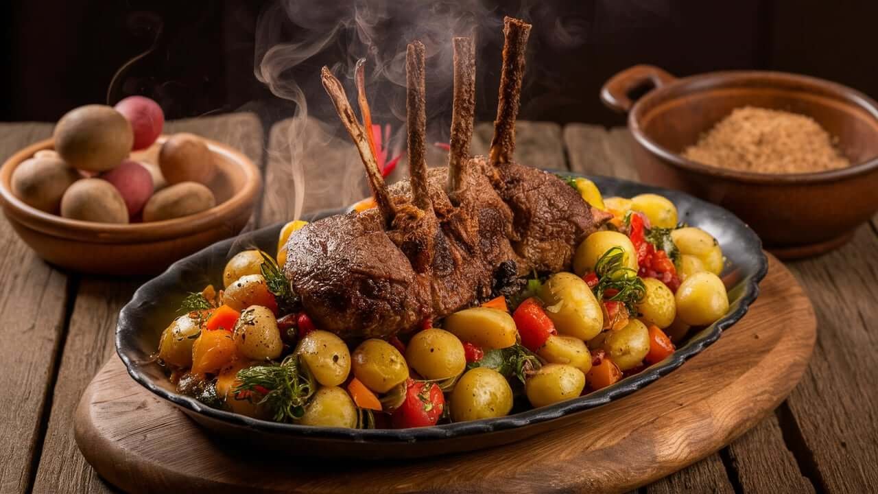 Prato de paleta bovina refogada com purê de batatas, carne suculenta e vegetais, ideal para cozimento lento.