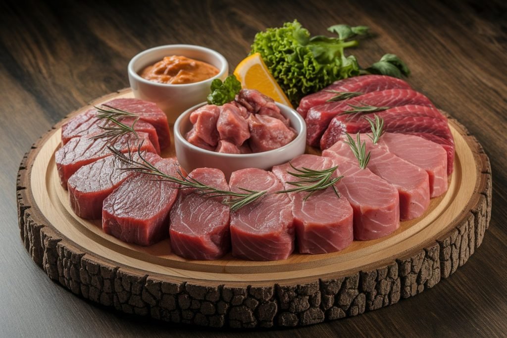 Cortes de carne bovina (acém, paleta, alcatra, costela, maminha) em tábua para assar na panela de pressão.