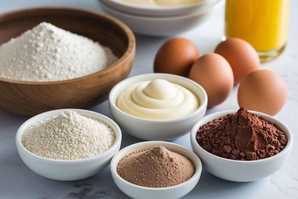 Ingredientes para o Bolo de Chocolate Irresistível dispostos em uma mesa de madeira, incluindo chocolate em pó, ovos e manteiga.