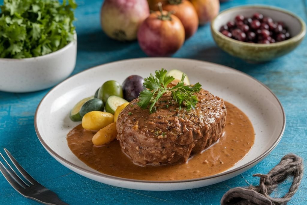 Prato de carne assada na panela de pressão com paleta, batatas, cenouras e molho, decorado com alecrim.