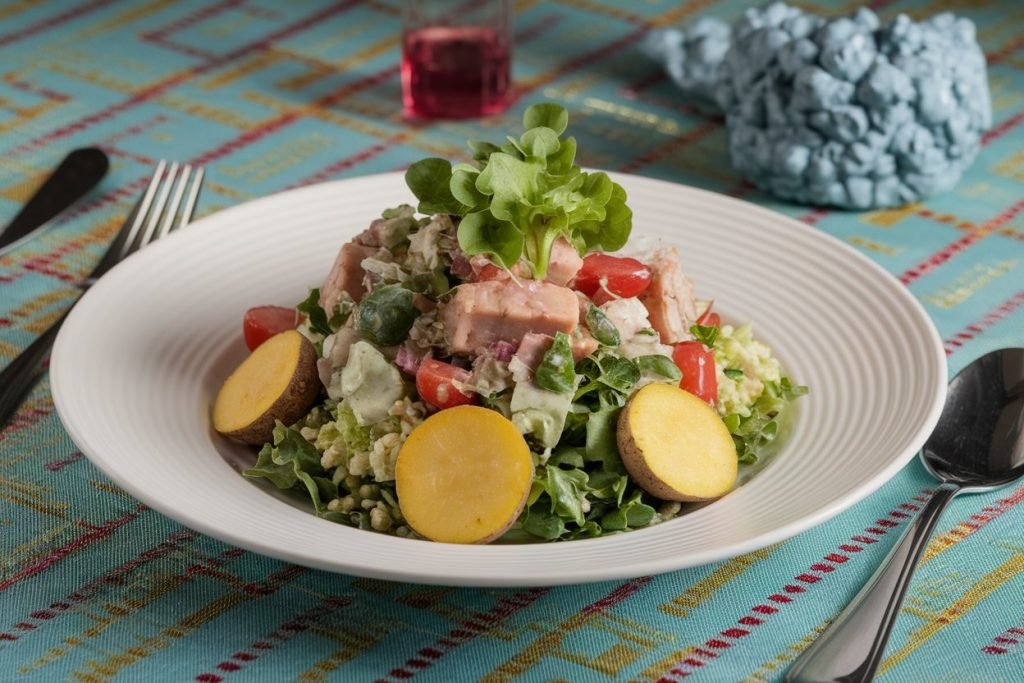 Prato individual de salada de bacalhau com grão de bico e batata, finalizado com castanhas de caju tostadas e ervas frescas.