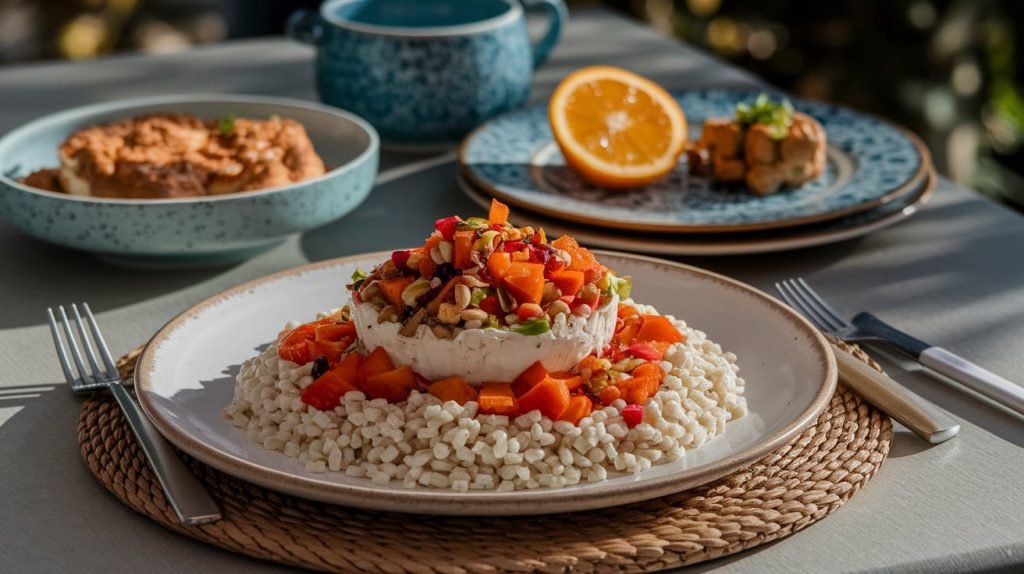 Mesa com feijão tropeiro caseiro, arroz branco, laranja e pimenta em ambiente rústico."