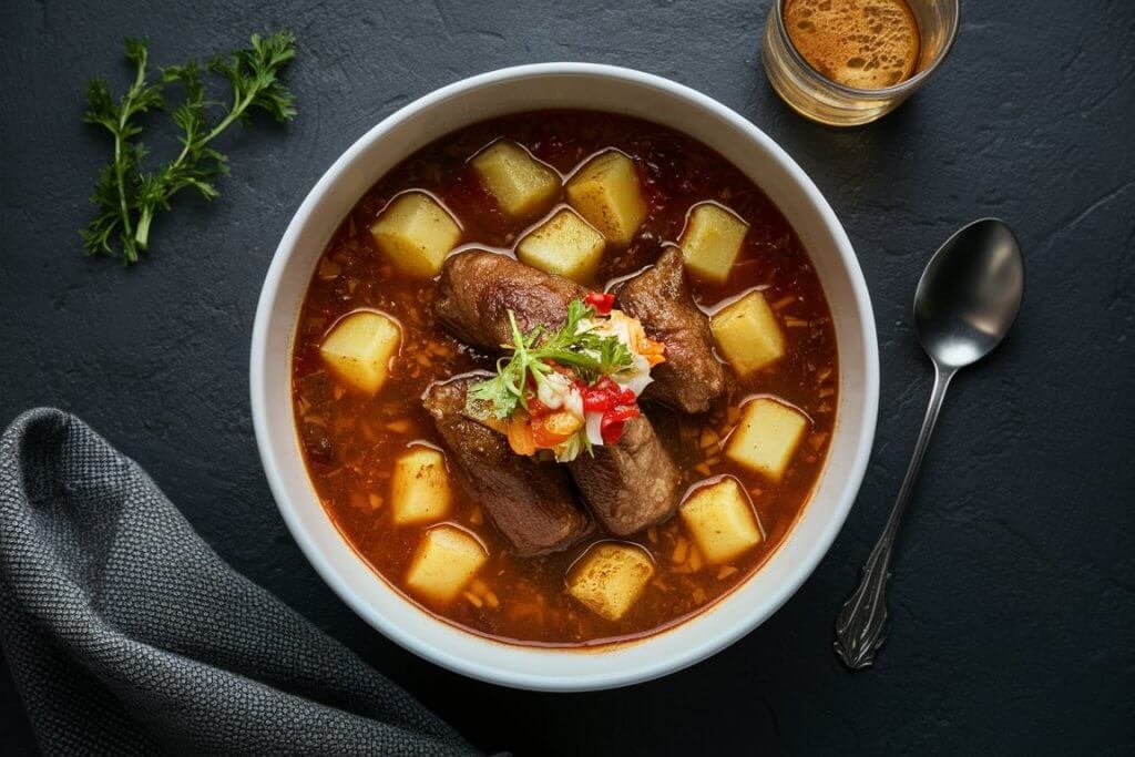 Ensopado de paleta bovina com batatas e cenouras em tigela rústica, pronto para servir.