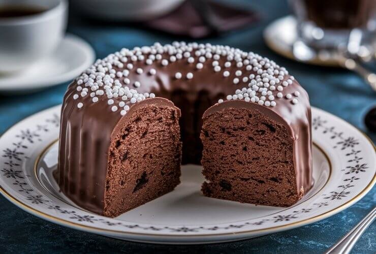 Bolo de Chocolate Irresistível com cobertura cremosa escorrendo, fatia cortada exibindo massa úmida em um prato rústico.