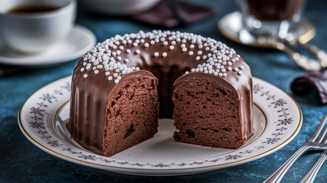 Bolo de Chocolate Irresistível com cobertura cremosa escorrendo, fatia cortada exibindo massa úmida em um prato rústico.