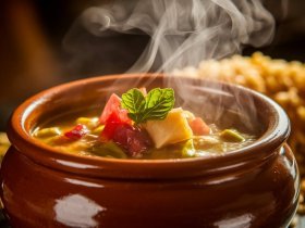 Moqueca em panela de barro com arroz ao fundo.