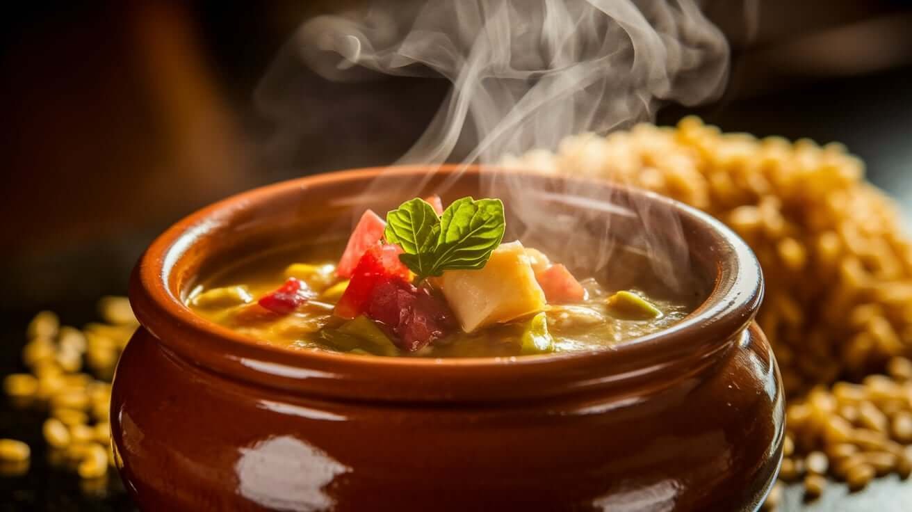 Moqueca em panela de barro com arroz ao fundo.