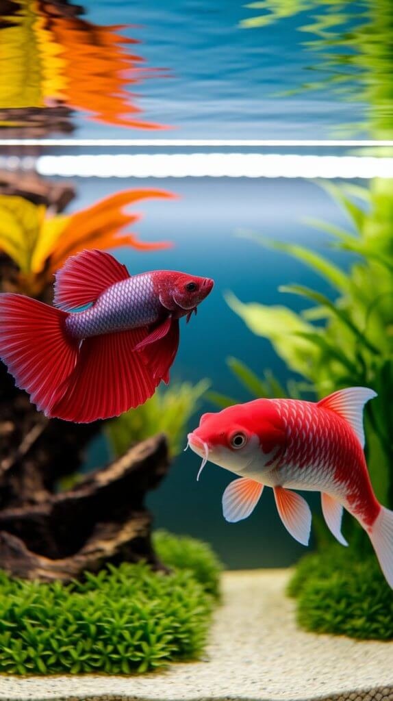 vermelho e kinguio vermelho em aquário com plantas aquáticas