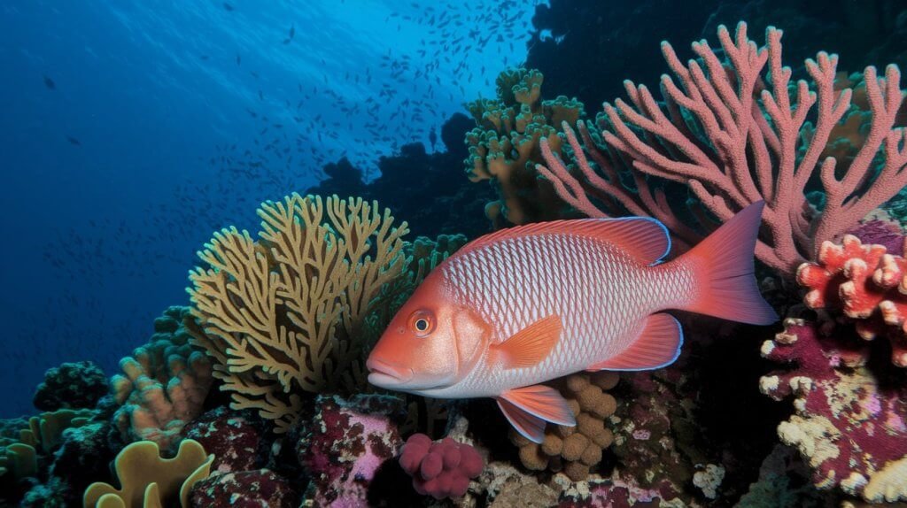 Peixes cioba e pargo nadando em recife de coral tropical