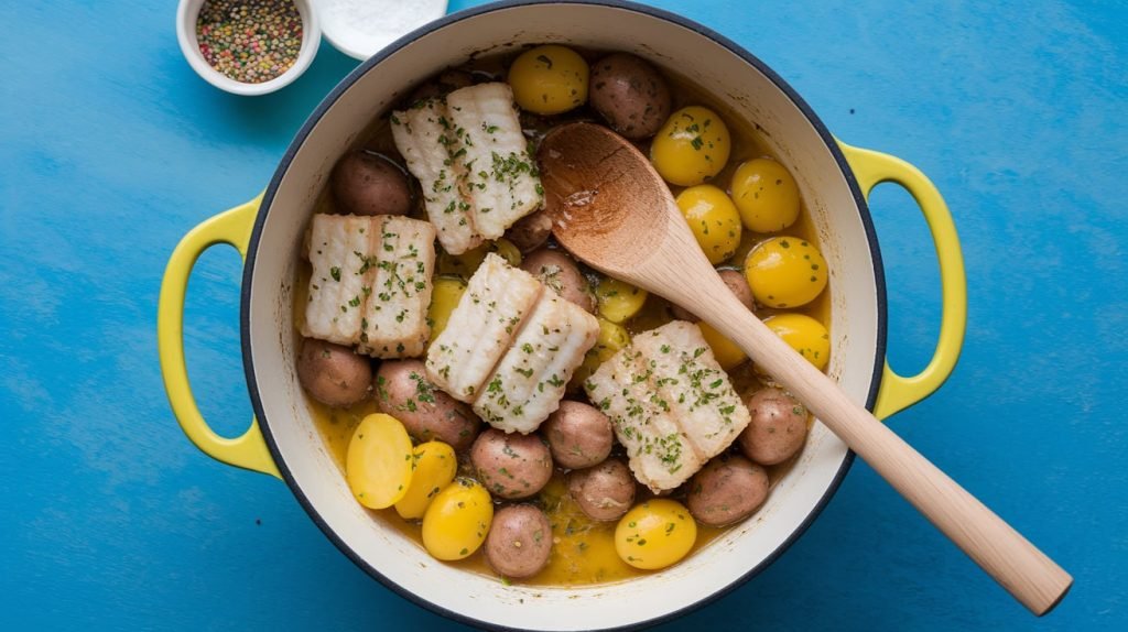 Tigela com bacalhau desfiado, batatas, ovos de codorna, pimentão e azeitonas para salada.