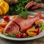 Peixe vermelho assado em cama de legumes com um betta vermelho em aquário ao fundo