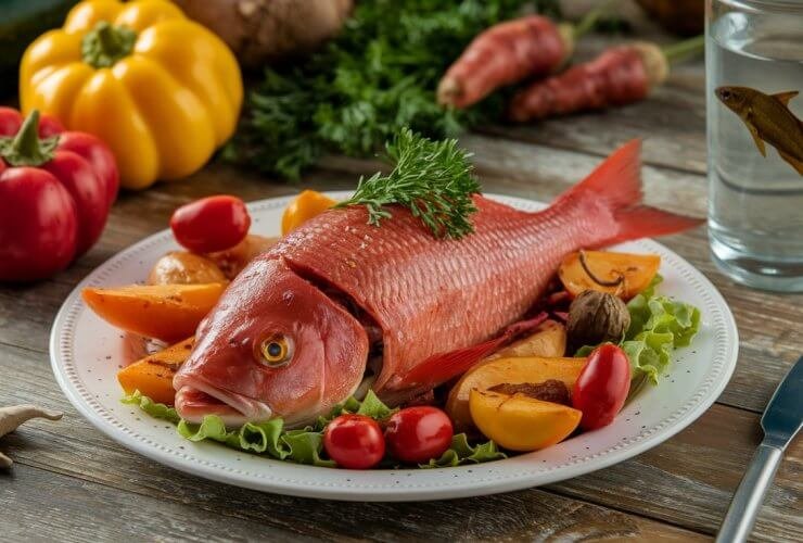 Peixe vermelho assado em cama de legumes com um betta vermelho em aquário ao fundo