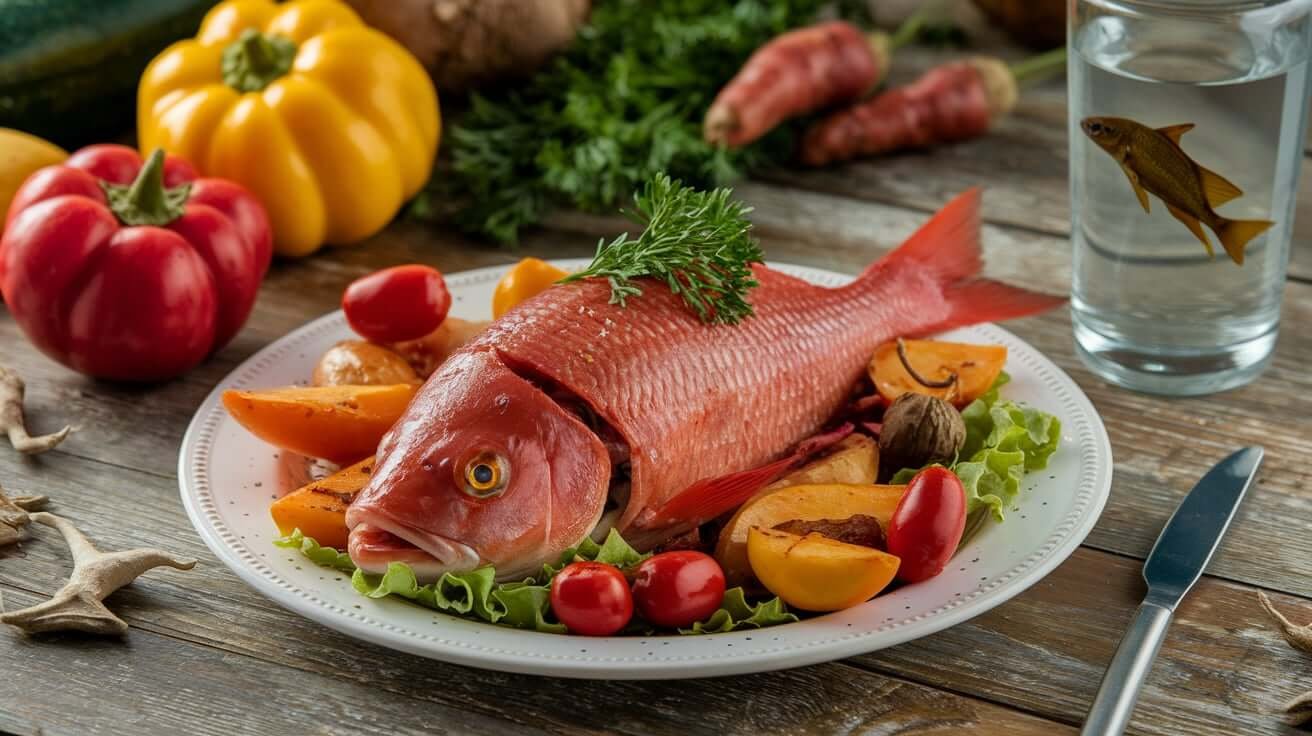 Peixe vermelho assado em cama de legumes com um betta vermelho em aquário ao fundo