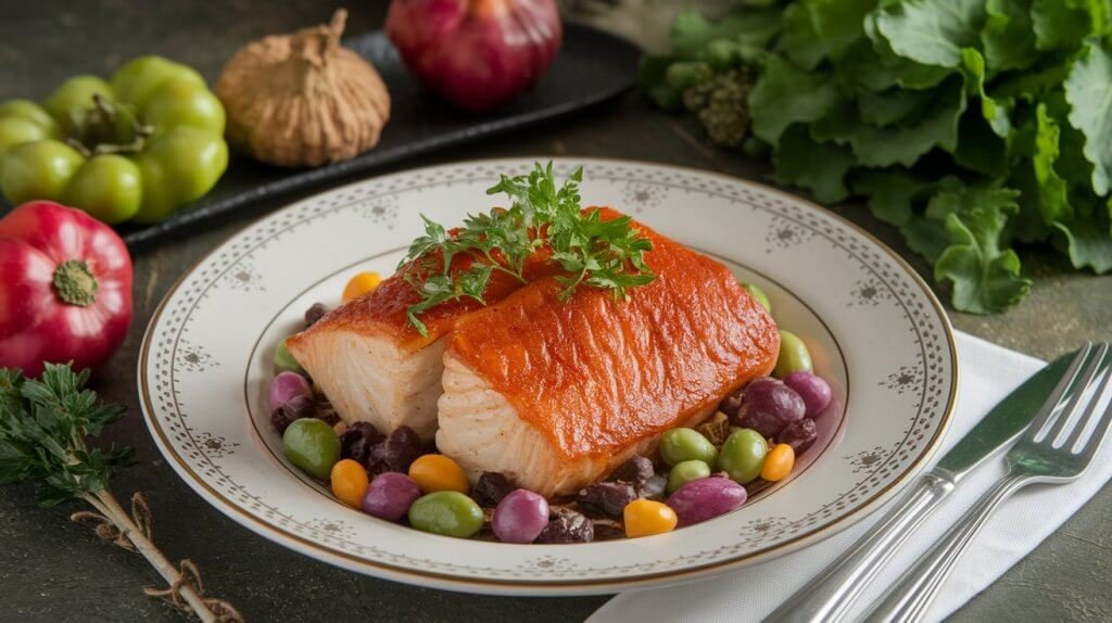 Peixe vermelho assado servido com legumes e manjericão fresco