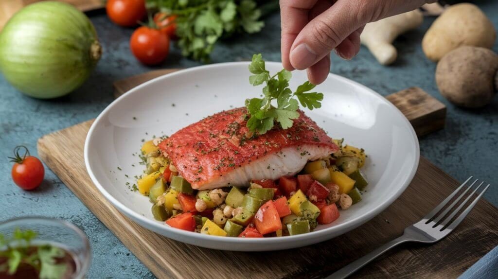 Peixe vermelho cru sobre cama de legumes em refratário antes de assar