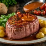 arne assada na panela de pressão fatiada em prato rústico com batatas, cenouras e molho, pronta para servir.