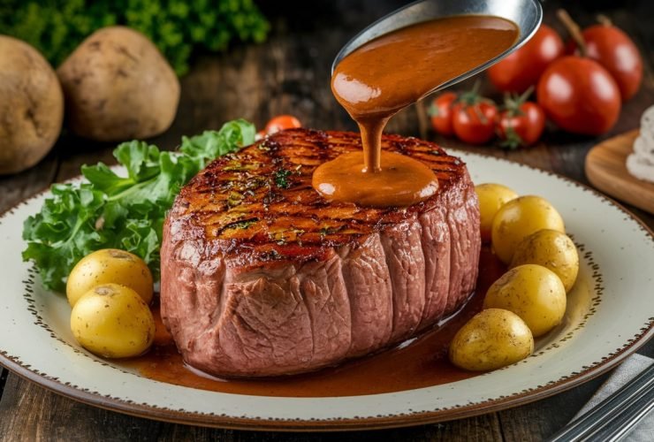 arne assada na panela de pressão fatiada em prato rústico com batatas, cenouras e molho, pronta para servir.