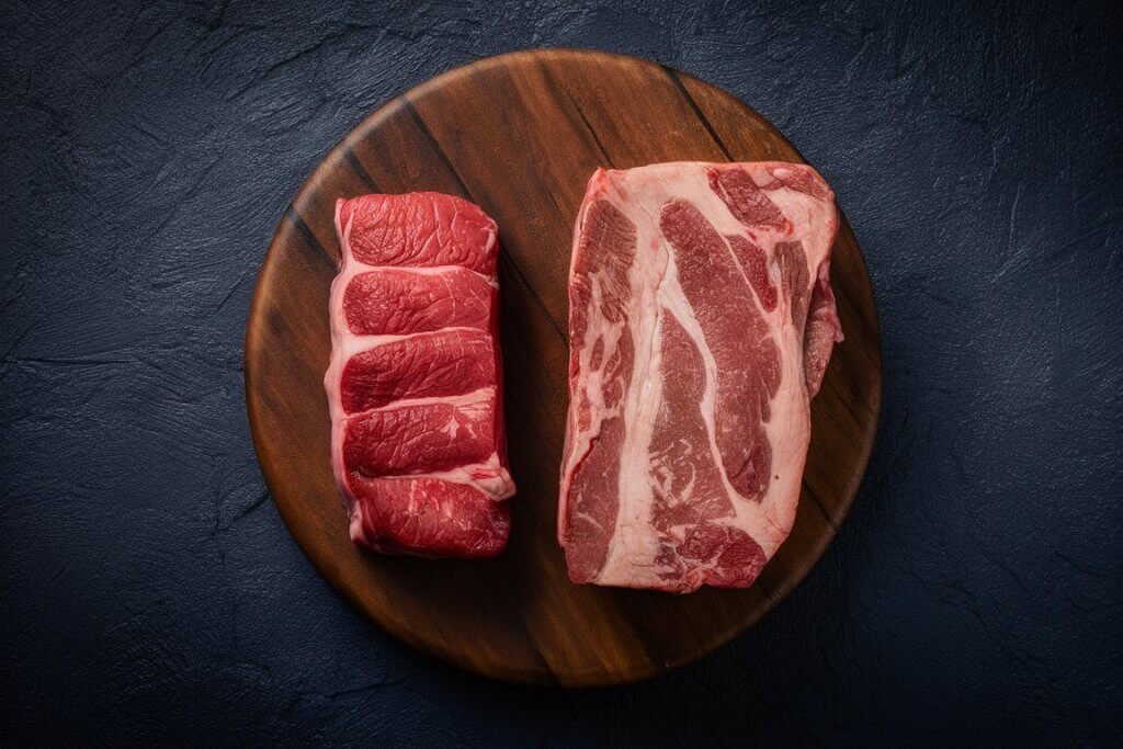 Corte cru de paleta bovina ao lado de contrafilé, mostrando a diferença entre carnes duras e macias