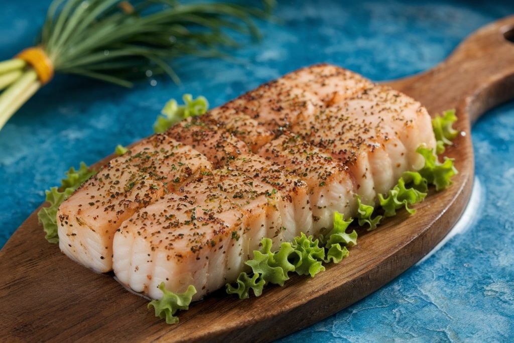 Bacalhau dessalgado sendo desfiado em lascas grandes para a receita de salada de bacalhau com grão de bico e batata.