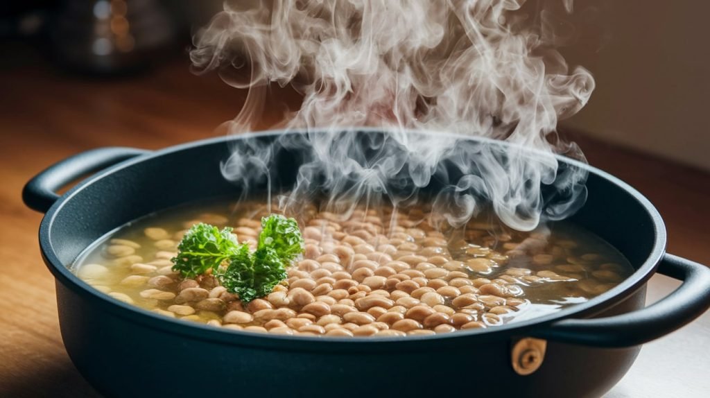 Feijão preto cozinhando em panela de pressão com folha de louro e vapor.