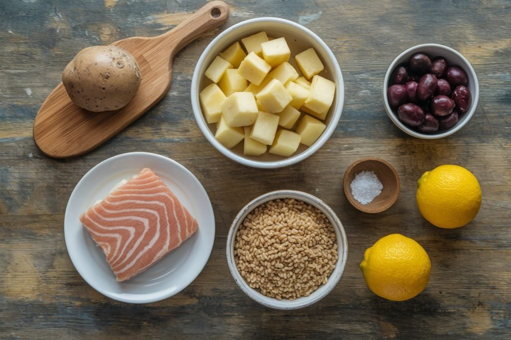 Ingredientes da receita de salada de bacalhau com grão de bico e batata, incluindo bacalhau desfiado, grão de bico, batatas e azeitonas Kalamata sobre mesa de madeira.
