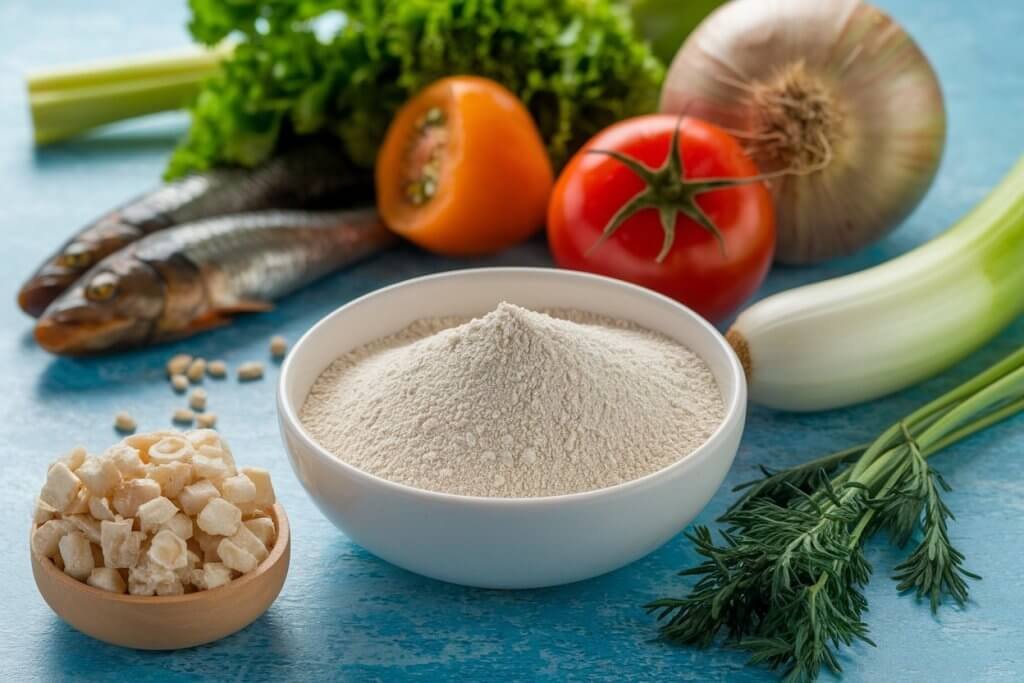 Ingredientes para o cuscuz paulista de sardinha dispostos sobre uma mesa rústica.