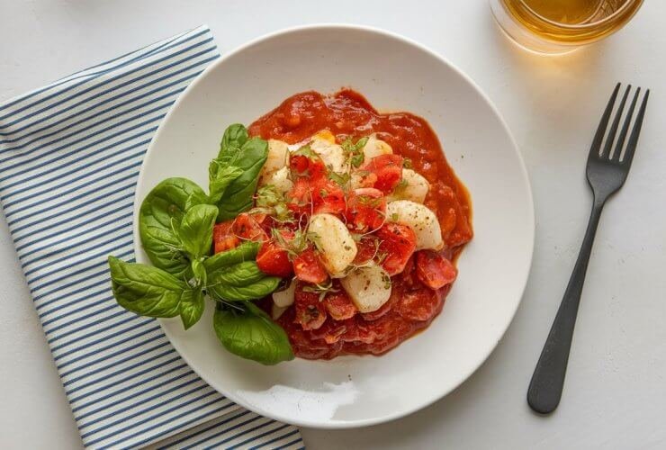 Prato de macarrão com sardinha e molho de tomate, finalizado com salsinha fresca, servido em um prato branco.
