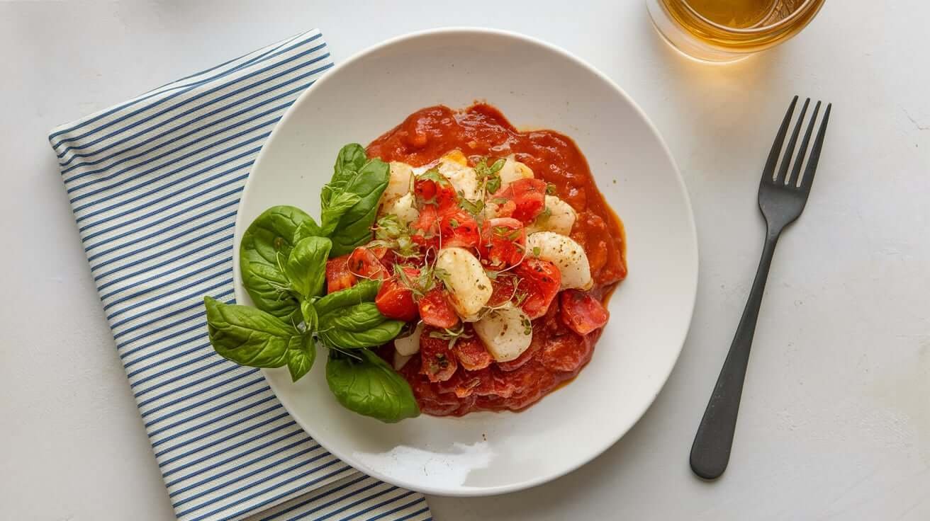 Prato de macarrão com sardinha e molho de tomate, finalizado com salsinha fresca, servido em um prato branco.
