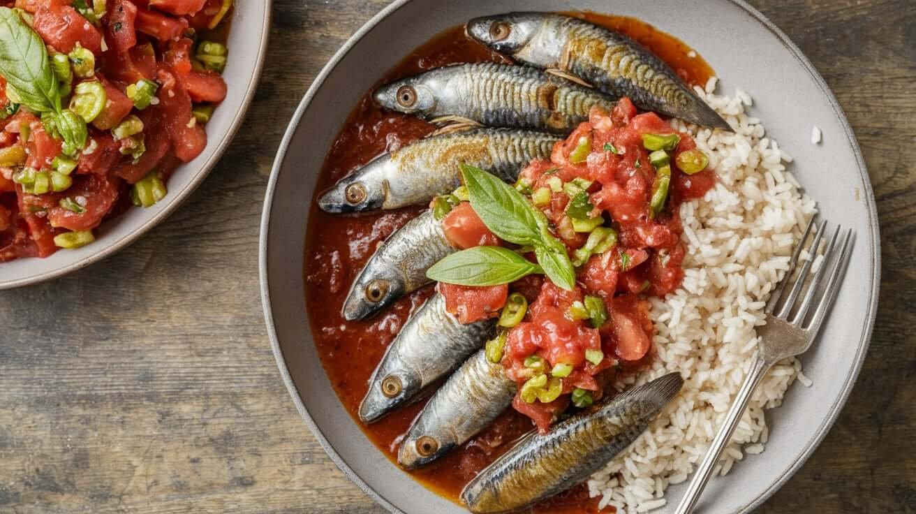 Sardinha na panela de pressão simples e fácil, servida em um prato com molho de tomate e salsinha, acompanhada de arroz branco.